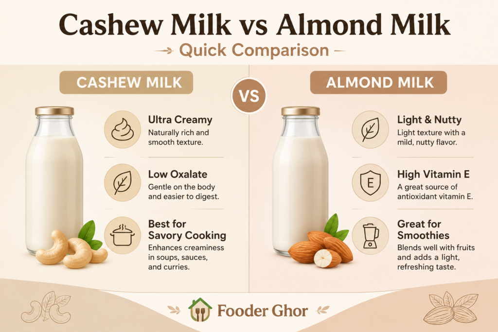 A visual infographic chart comparing the main benefits, texture, and kidney health aspects of cashew milk vs almond milk.