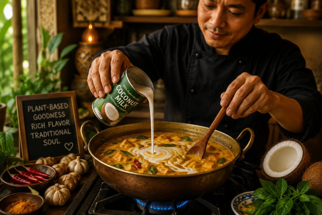 Rich coconut milk being stirred into a warm pot of savory golden curry in a modern kitchen.