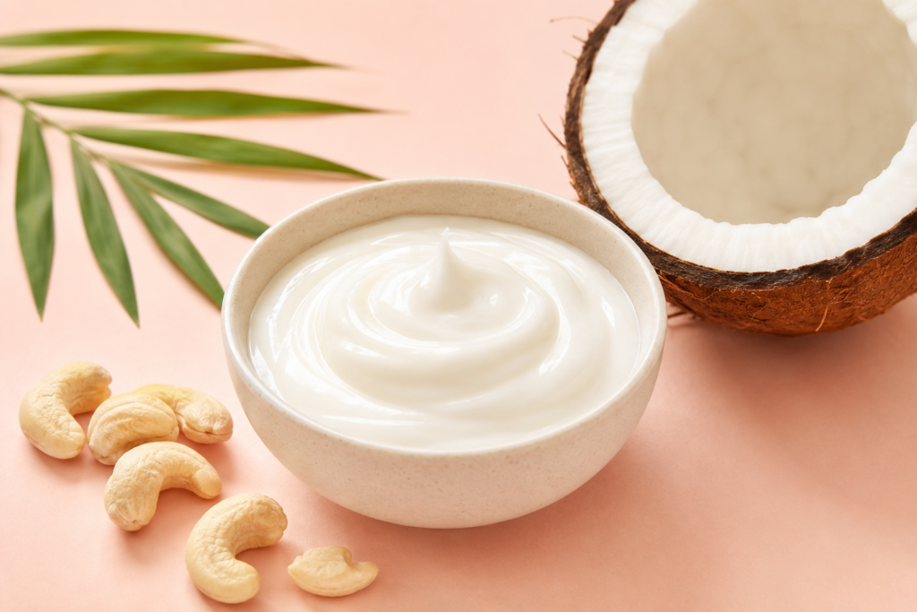Natural coconut and cashew ingredients arranged elegantly to highlight skin and facial health benefits.