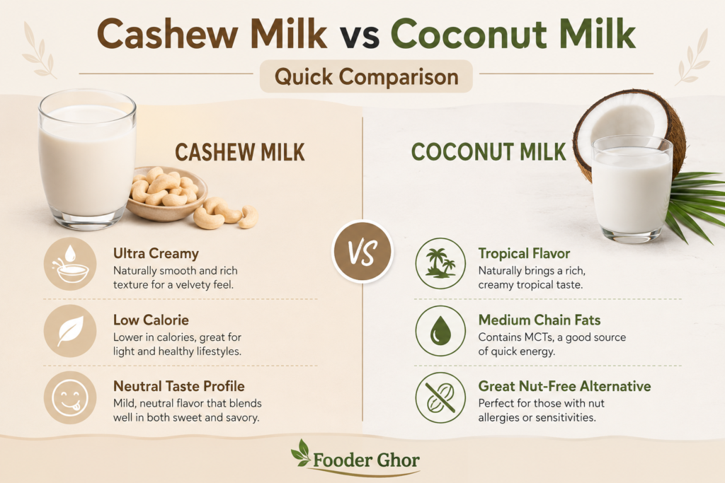 A visual infographic chart comparing the main benefits, fat structures, and calorie levels of cashew milk vs coconut milk.