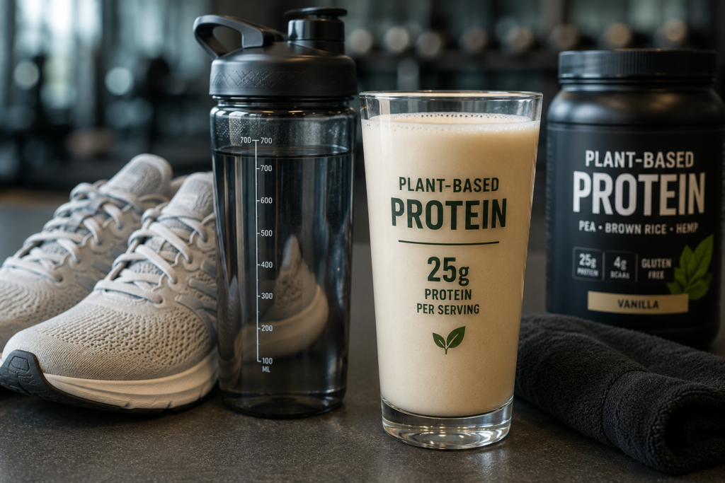 A glass of high-protein plant milk styled perfectly for a fitness and healthy lifestyle setting.