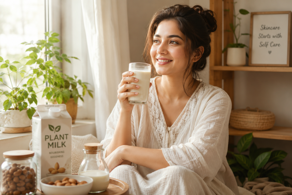 A happy woman enjoying a nutritious glass of plant milk next to a bright window at home.