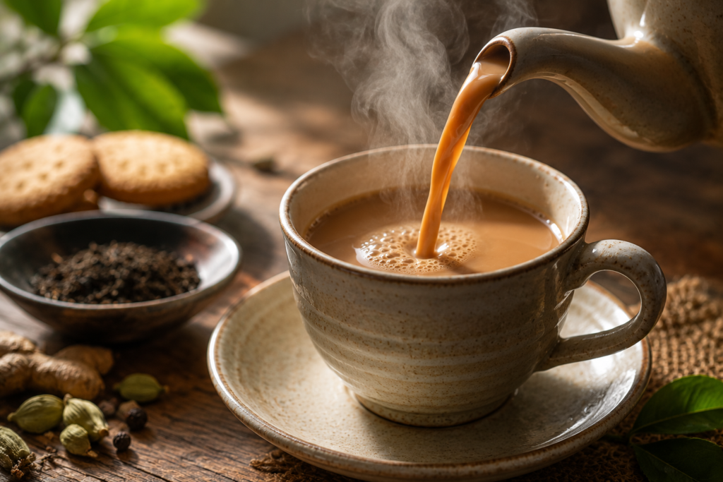 A hot cup of morning tea styled perfectly to showcase daily beverage and culinary options.