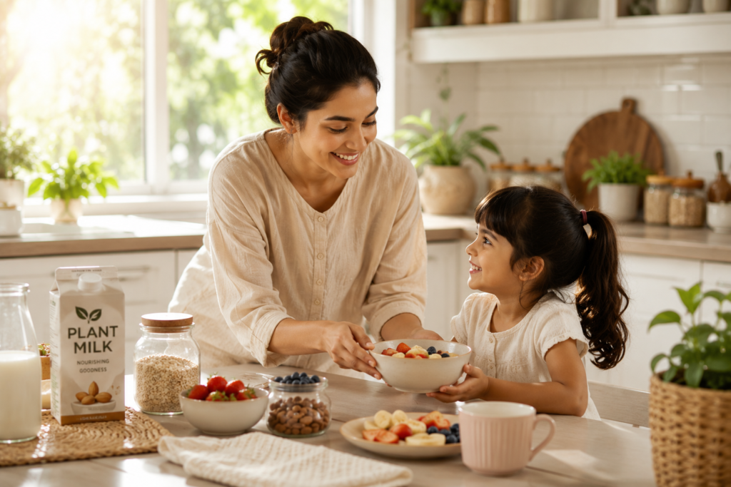 A happy family enjoying a healthy morning breakfast together in a bright kitchen.