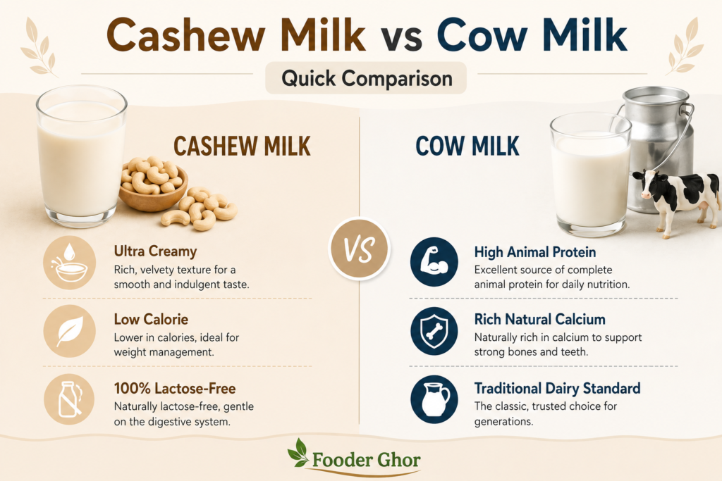 A visual infographic chart comparing the main protein, calorie, and lactose benefits of cashew milk vs cow milk.
