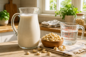 A glass pitcher of fresh homemade cashew milk next to a bowl of raw cashews on a sunny kitchen counter.