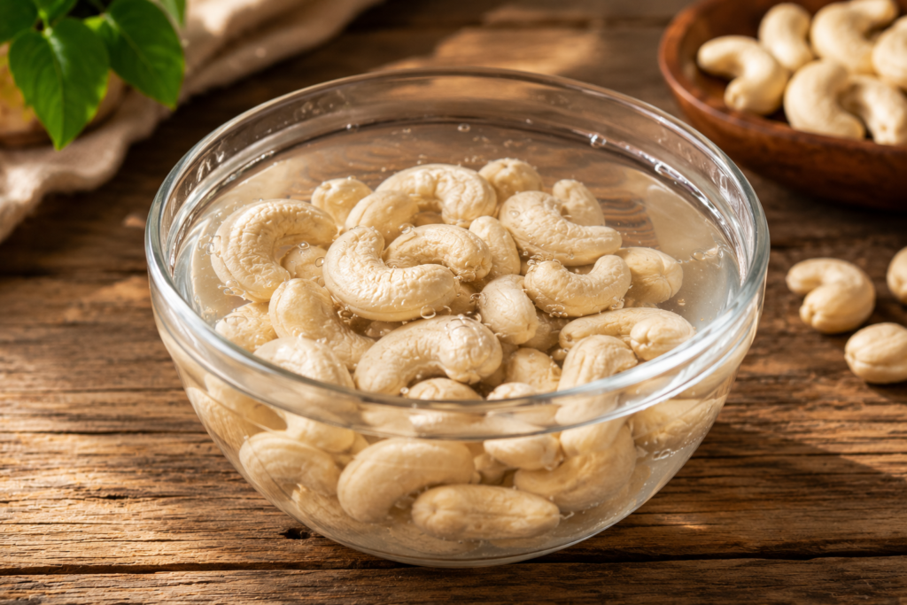 Raw cashews soaking in a clear glass bowl of water on a wooden table.