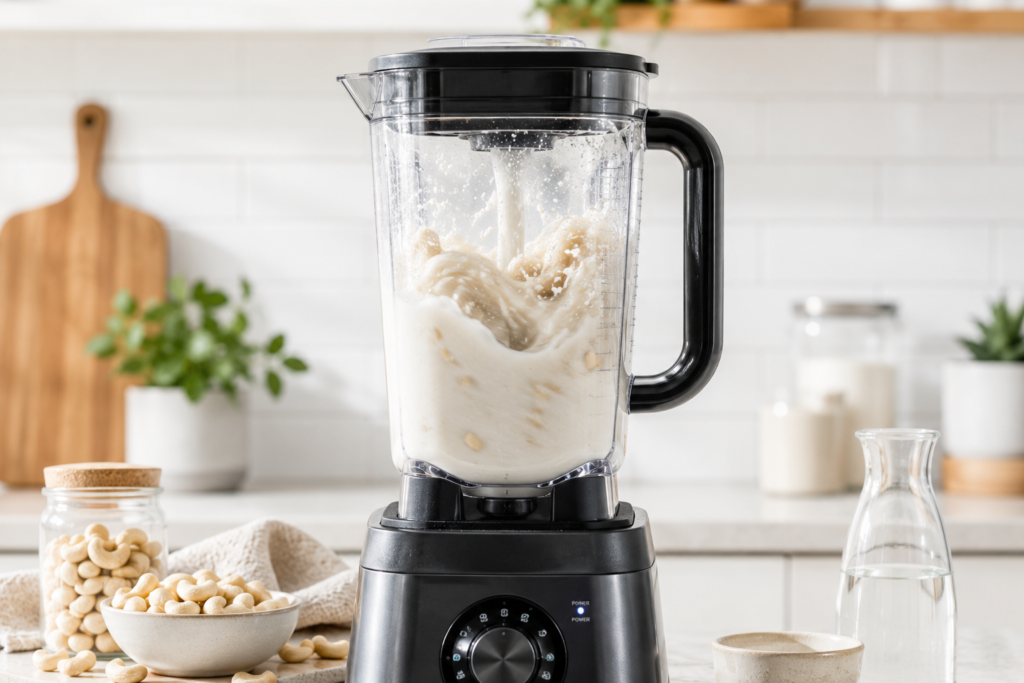 A high-speed blender blending raw cashews and water into a smooth white milk.