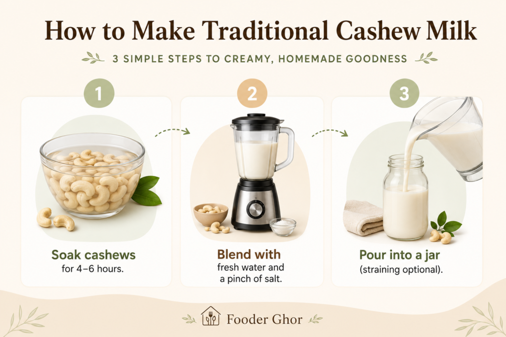 A step-by-step cashew milk recipe infographic featuring the Fooder Ghor brand name.