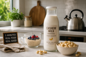 A fresh glass bottle of quick cashew milk on a kitchen counter with a small bowl of raw cashews.