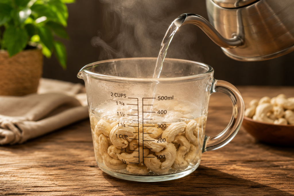Pouring boiling water over raw cashews in a glass cup to soften them quickly.