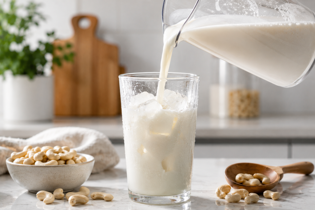 Cooling down warm cashew milk by pouring it over ice cubes in a clear glass.