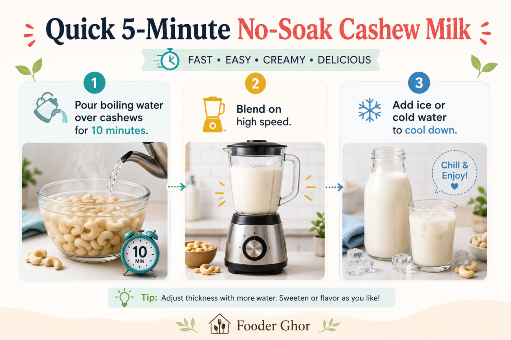 A quick 5-minute no-soak cashew milk recipe infographic featuring the Fooder Ghor brand name.