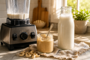 A jar of smooth cashew butter next to a glass bottle of fresh instant cashew milk.