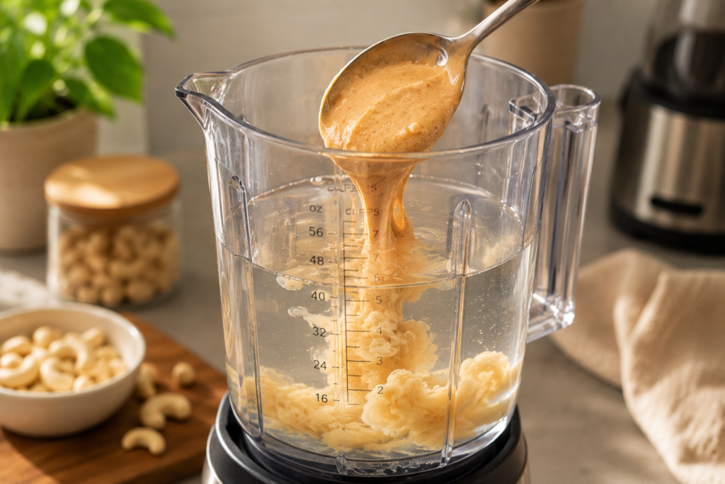 Adding a spoonful of smooth cashew butter into a blender filled with water.