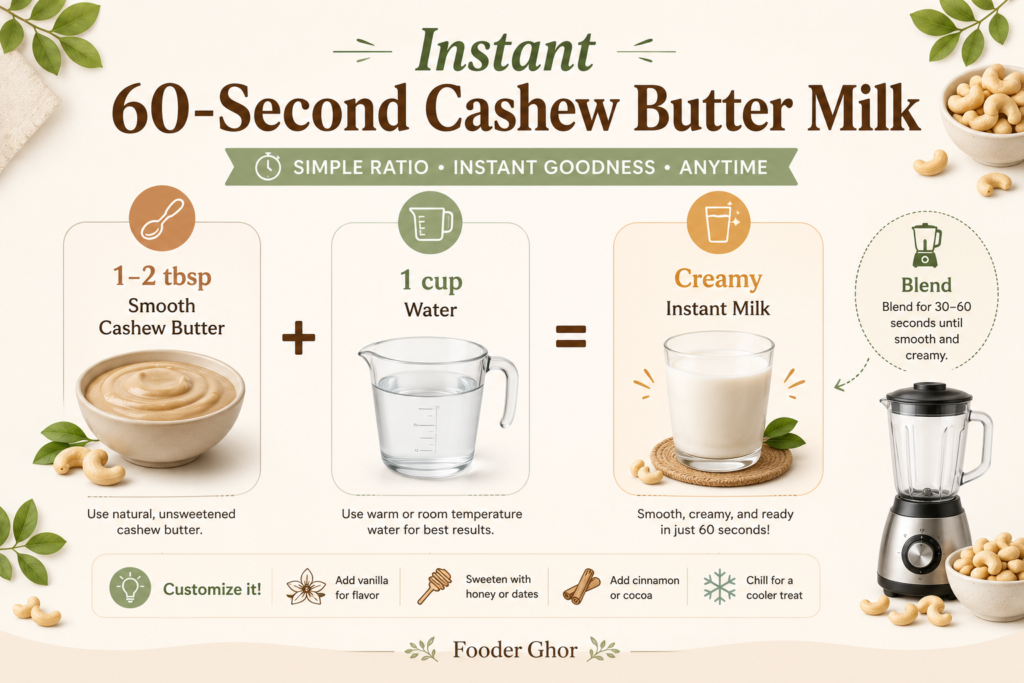 An ingredient ratio infographic for making cashew milk from butter featuring the Fooder Ghor brand name.