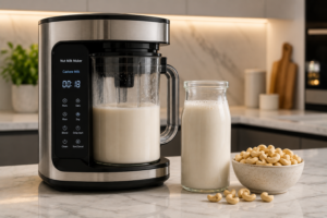 An automatic nut milk maker machine producing fresh cashew milk on a kitchen counter.