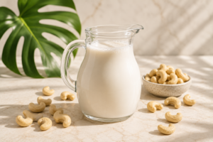 A clear glass pitcher filled with fresh cashew milk for skin care on a marble tabletop.