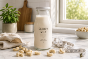 A glass bottle of fresh cashew milk on a kitchen counter with a fitness measuring tape, representing cashew milk for weight loss.