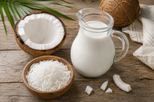 Freshly cracked coconut next to a jug of homemade coconut milk and grated coconut meat.