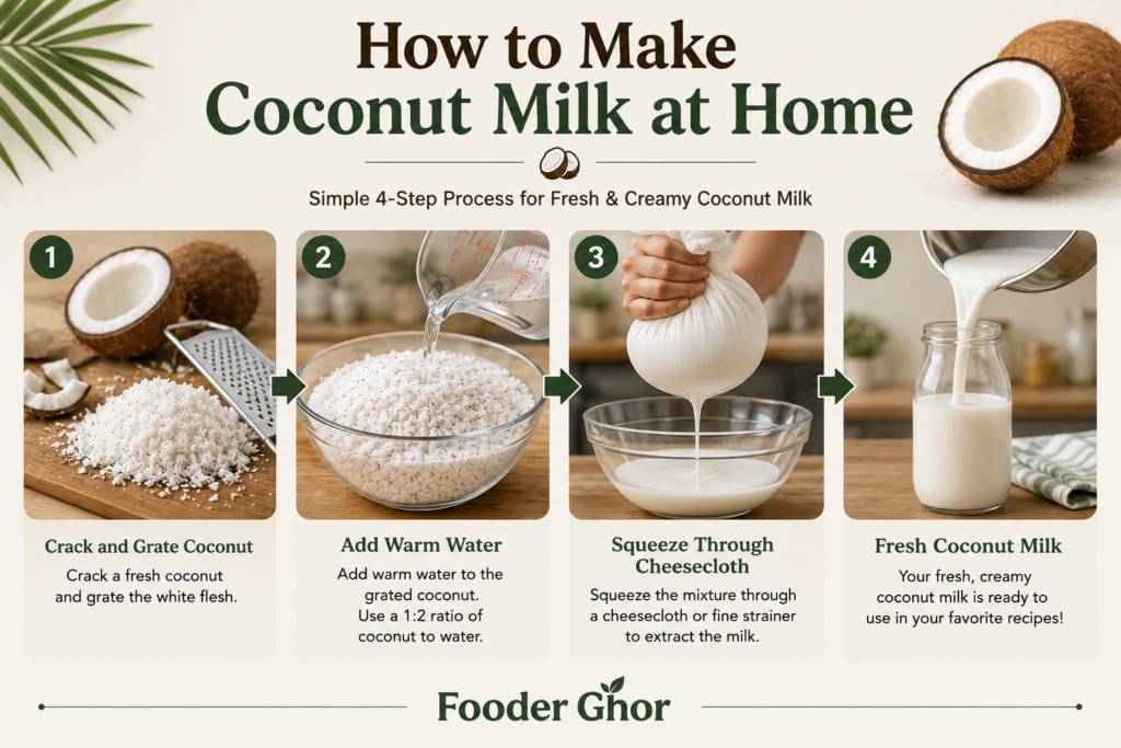Step-by-step infographic guide on how to make coconut milk from fresh coconut.