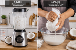 Comparing how to make coconut milk with a blender versus manual cloth straining.