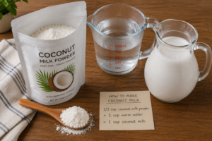 Coconut milk powder in a pouch next to a spoon and reconstituted liquid coconut milk.