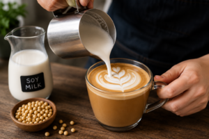 Pouring frothed soy milk into an espresso mug without curdling.