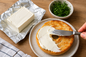 A fresh toasted bagel half spread smoothly with white pasteurized cream cheese on a wooden kitchen table.