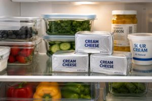 Properly sealed blocks and containers of cream cheese stored neatly on a cold refrigerator shelf.