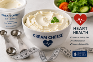 A ceramic bowl of fresh cream cheese arranged with portion measurement spoons on a bright kitchen counter.