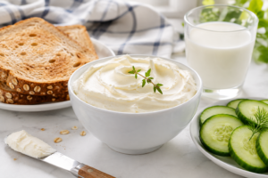 Fresh bowl of cream cheese surrounded by healthy whole grain toast and cucumbers on a bright kitchen table.