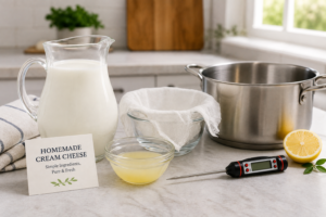 Essential ingredients and kitchen tools needed to make homemade cream cheese arranged on a counter.