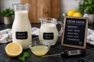 Glass bottle of heavy cream and milk with kitchen tools for making high-fat homemade cream cheese.