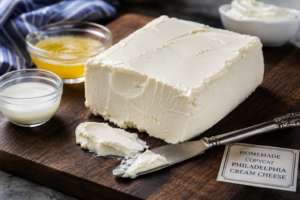 A glossy block of homemade copycat Philadelphia cream cheese with a silver butter knife.
