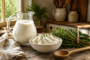 Glass pitcher of fresh raw milk and homemade farmhouse cream cheese on a wooden table.