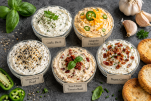Five varieties of homemade savory flavoured cream cheese spreads in ramekins with fresh ingredients.