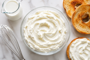 A glass bowl filled with fluffy homemade whipped cream cheese and toasted bagel slices.