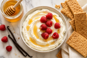 Bowl of sweet cream cheese spread topped with fresh raspberries and honey.
