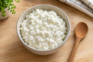 A fresh bowl of white cottage cheese with a wooden spoon on a wooden kitchen counter.