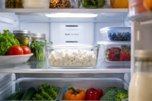 A clear glass container of cottage cheese stored neatly inside a clean refrigerator.