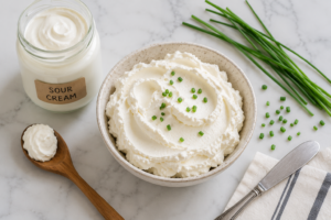 A bowl of thick cultured cream cheese made from strained sour cream with kitchen tools.