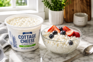 Fresh tub and bowl of cottage cheese on a marble kitchen counter showing ideal texture.