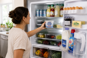 Person storing a pasteurized tub of cottage cheese properly on a main refrigerator shelf for safety.