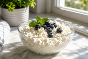 Fresh glass bowl of curd cottage cheese with blueberries and mint on a clean marble kitchen counter.