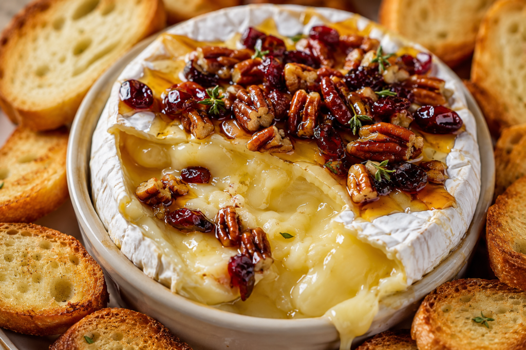 Warm baked brie cheese topped with pecans and honey served with toasted baguette slices.