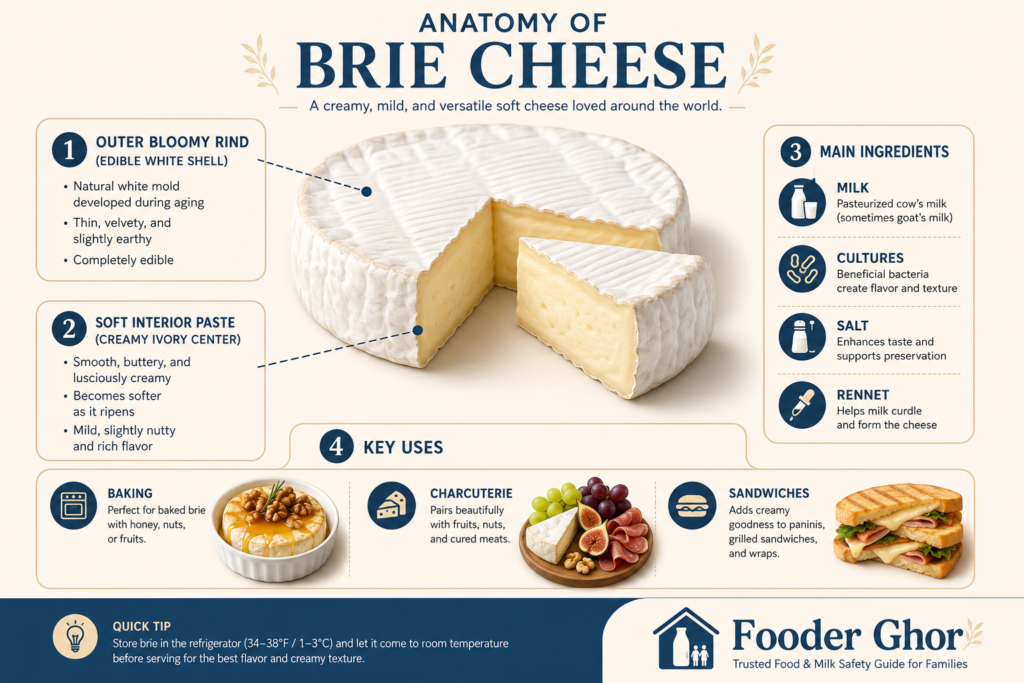 What is Brie Cheese Infographic by Fooder Ghor showing components, rind details, and uses.