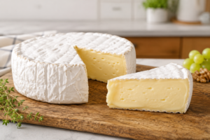 A fresh wheel and sliced wedge of brie cheese on a wooden board.