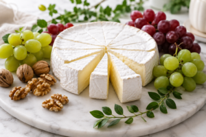 Fresh brie cheese wedges with fruits showing healthy brie cheese benefits.