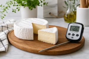 Fresh wheel of brie cheese with food safety probe indicating safe consumption.
